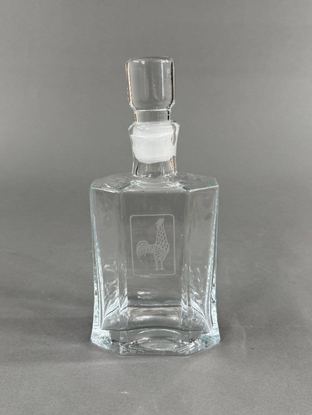 Vintage Etched Glass Rooster Decanter Rectangular Liquor Bottle Ground Stopper